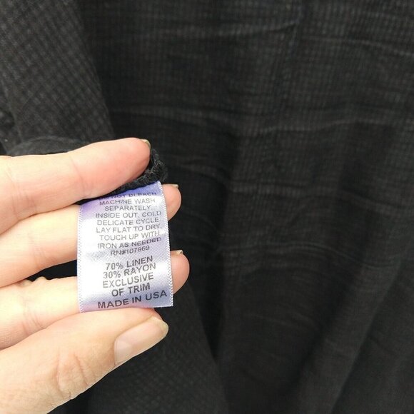 Linnea Women's Black Linen Blend Top Size XL Lagenlook Button Front Collared - Picture 8 of 8
